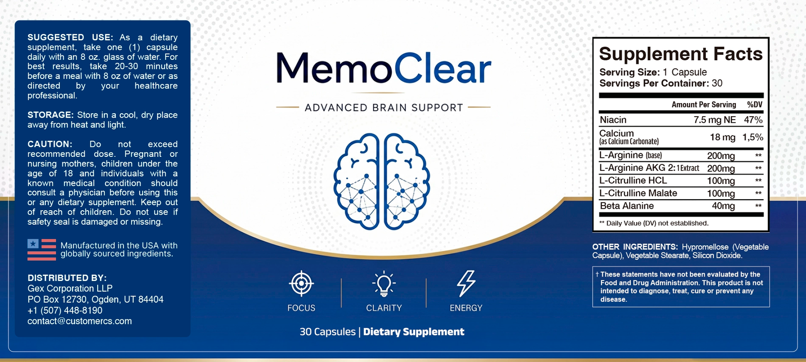 MemoClear ingredients label